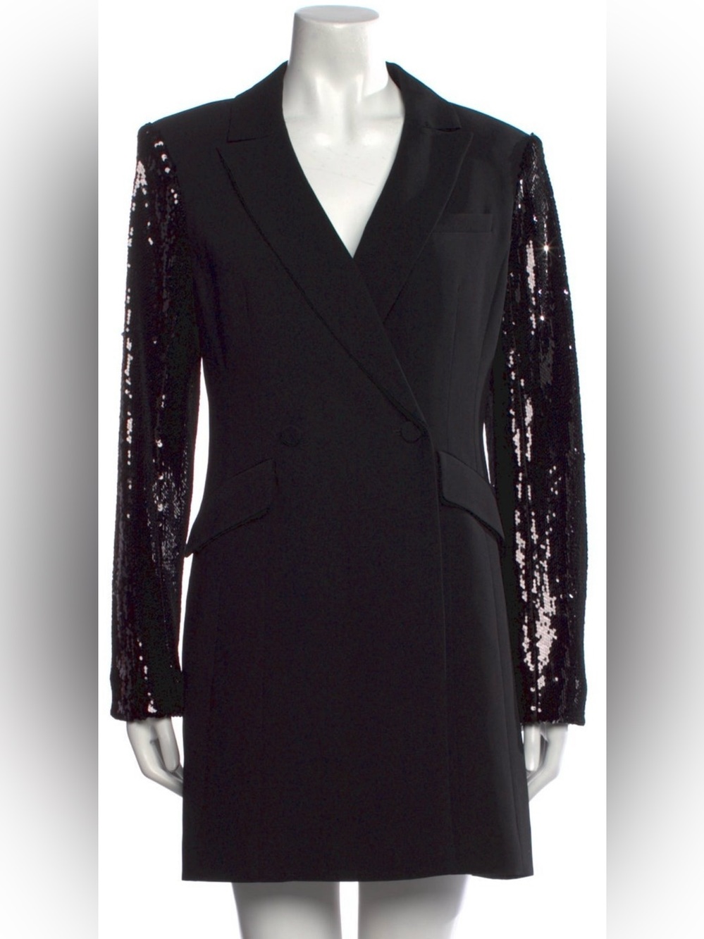 Cinq a Sept Black Sequin Sleeve Double Breasted Tuxedo Blazer Mini Dress size 4 - Picture 2 of 6